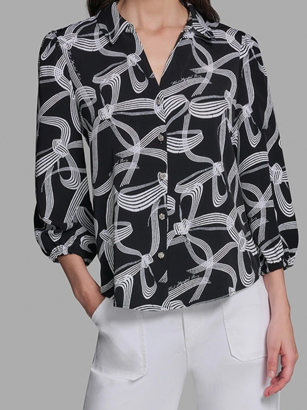 Black & White Knot-Print Button Front Women's Blouse